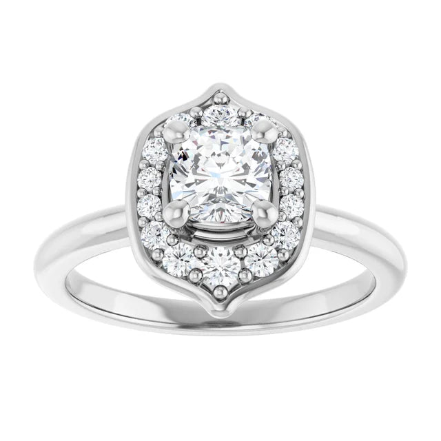 14K White Gold 7/8 CTW Cushion Diamond Halo Engagement Ring with Shield-Inspired Design