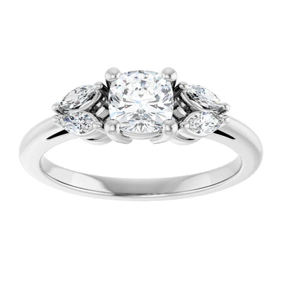 14K White Gold 7/8 CTW Cushion Diamond Engagement Ring with Marquise and Round Side Stones