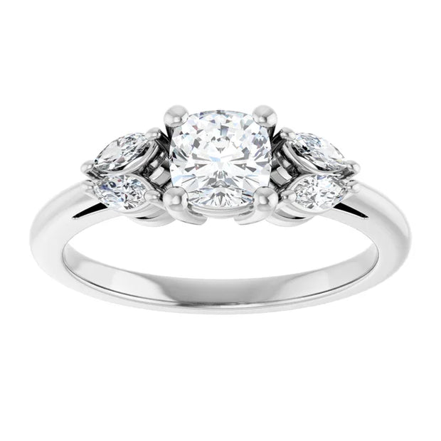 14K White Gold 7/8 CTW Cushion Diamond Engagement Ring with Marquise and Round Side Stones