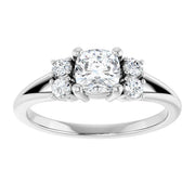 14K White Gold 3/4 CTW Cushion Diamond Three-Stone Engagement Ring with Round Accents