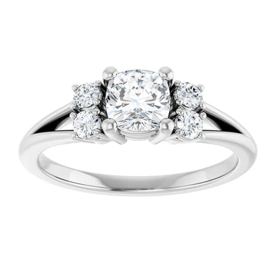14K White Gold 3/4 CTW Cushion Diamond Three-Stone Engagement Ring with Round Accents