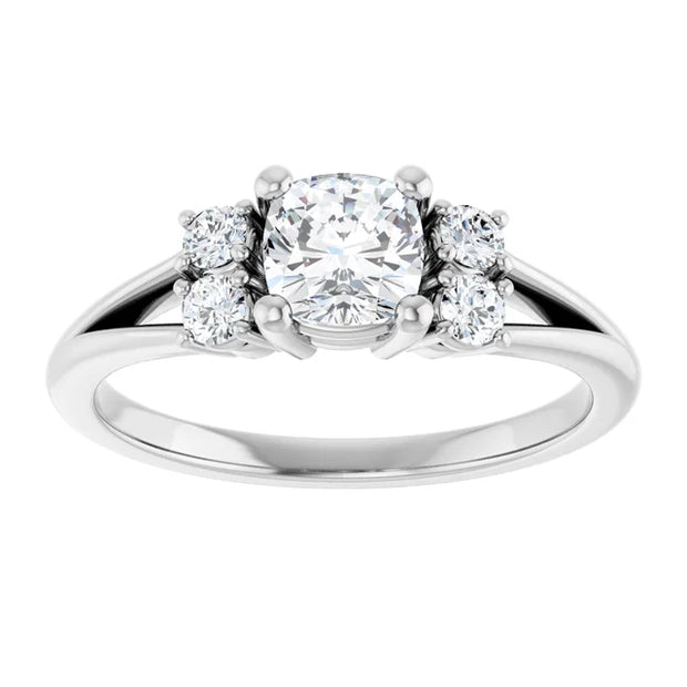 14K White Gold 3/4 CTW Cushion Diamond Three-Stone Engagement Ring with Round Accents