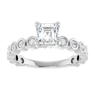 14K White Gold Asscher Cut Diamond Engagement Ring with Bezel-Set Round Diamond Band 3/4 CT Center Stone