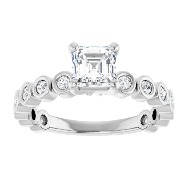14K White Gold Asscher Cut Diamond Engagement Ring with Bezel-Set Round Diamond Band 3/4 CT Center Stone