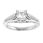 14K White Gold Asscher Cut Diamond Engagement Ring with Split Shank and Diamond Accents 3/4 CT Center Stone
