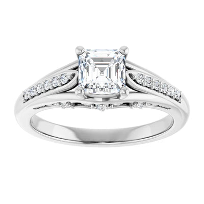 14K White Gold Asscher Cut Diamond Engagement Ring with Split Shank and Diamond Accents 3/4 CT Center Stone