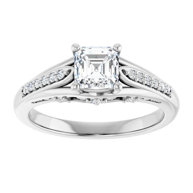 14K White Gold Asscher Cut Diamond Engagement Ring with Split Shank and Diamond Accents 3/4 CT Center Stone