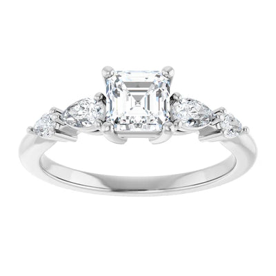 14K White Gold Asscher Cut Diamond Engagement Ring with Pear and Round Side Stones 3/4 CT Center Stone