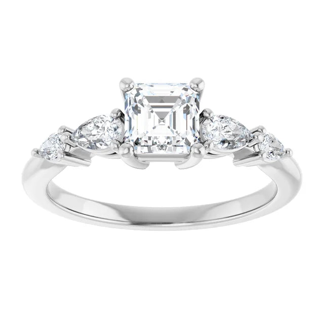 14K White Gold Asscher Cut Diamond Engagement Ring with Pear and Round Side Stones 3/4 CT Center Stone