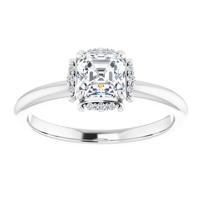 14K White Gold Asscher Cut Diamond Engagement Ring with Milgrain Halo Accents 3/4 CT Center Stone