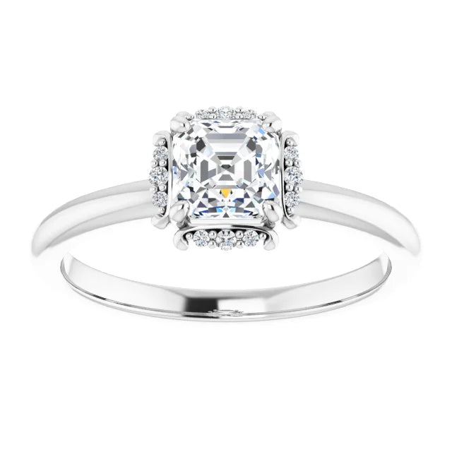 14K White Gold Asscher Cut Diamond Engagement Ring with Milgrain Halo Accents 3/4 CT Center Stone
