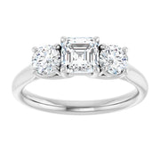 14K White Gold Asscher Cut Three Stone Diamond Engagement Ring with Round Side Stones 3/4 CT Center Stone