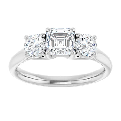 14K White Gold Asscher Cut Three Stone Diamond Engagement Ring with Round Side Stones 3/4 CT Center Stone