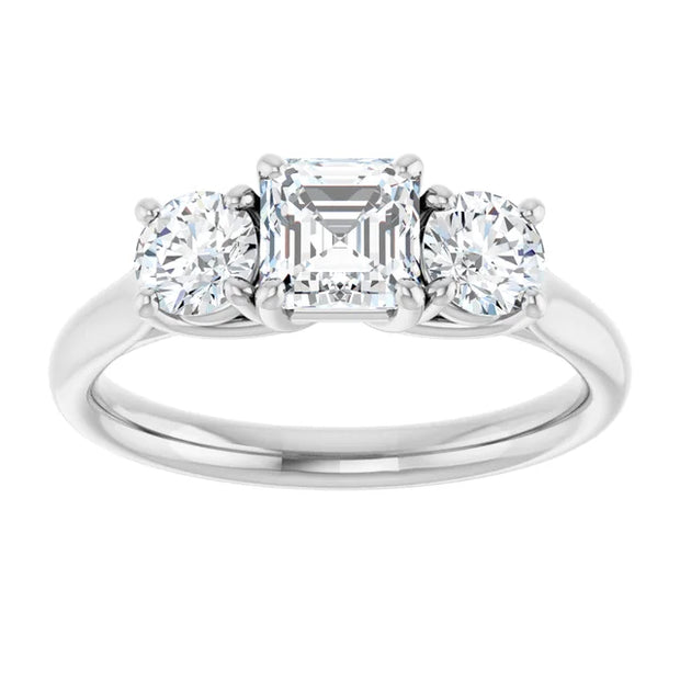 14K White Gold Asscher Cut Three Stone Diamond Engagement Ring with Round Side Stones 3/4 CT Center Stone