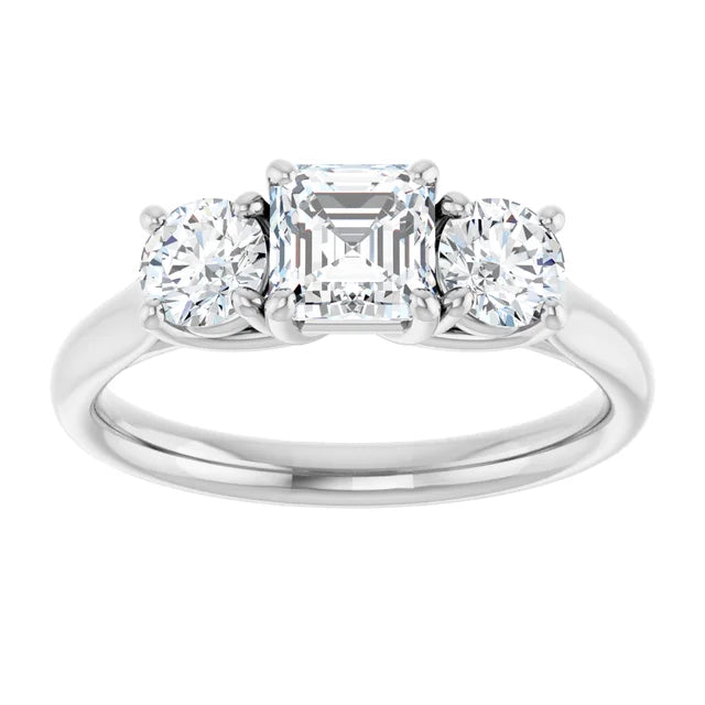 14K White Gold Asscher Cut Three Stone Diamond Engagement Ring with Round Side Stones 3/4 CT Center Stone