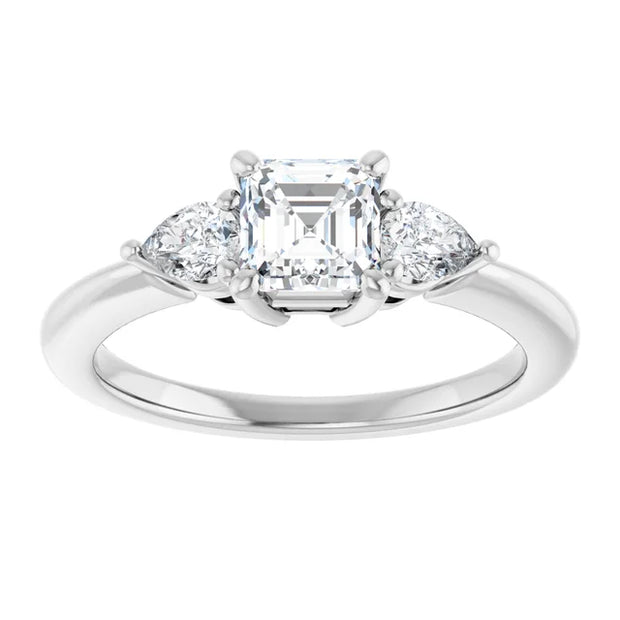 14K White Gold Asscher Cut Three Stone Diamond Engagement Ring with Half-Moon Side Stones 3/4 CT Center Stone