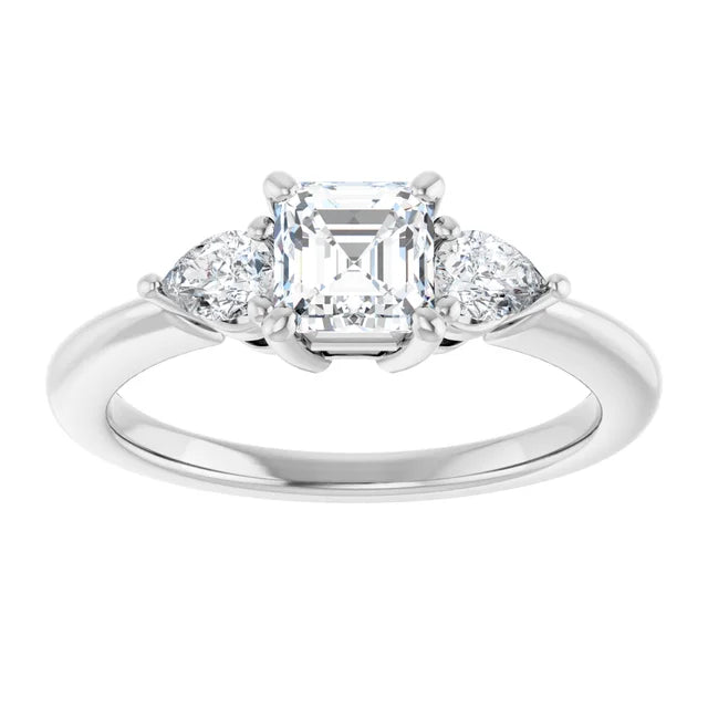 14K White Gold Asscher Cut Three Stone Diamond Engagement Ring with Half-Moon Side Stones 3/4 CT Center Stone