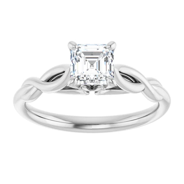 14K White Gold Asscher-Cut Engagement Ring with 3/4 CT Center and Twisted Shank