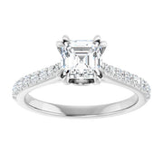 14K White Gold Asscher Cut Diamond Engagement Ring with 1 CT Center and 1 1/4 CTW Diamond Accents with Double Claw Prongs