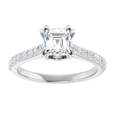 14K White Gold Asscher Cut Diamond Engagement Ring with 1 CT Center and 1 1/4 CTW Diamond Accents with Double Claw Prongs