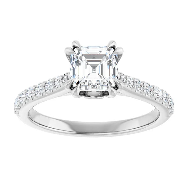 14K White Gold Asscher Cut Diamond Engagement Ring with 1 CT Center and 1 1/4 CTW Diamond Accents with Double Claw Prongs