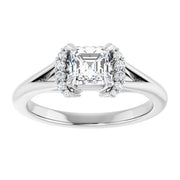 14K White Gold Asscher Cut Diamond Engagement Ring with Claw Prongs and Diamond Halo Accents 3/4 CT Center Stone