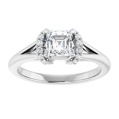 14K White Gold Asscher Cut Diamond Engagement Ring with Claw Prongs and Diamond Halo Accents 3/4 CT Center Stone
