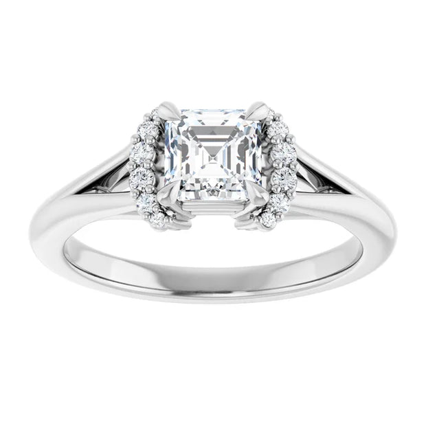 14K White Gold Asscher Cut Diamond Engagement Ring with Claw Prongs and Diamond Halo Accents 3/4 CT Center Stone