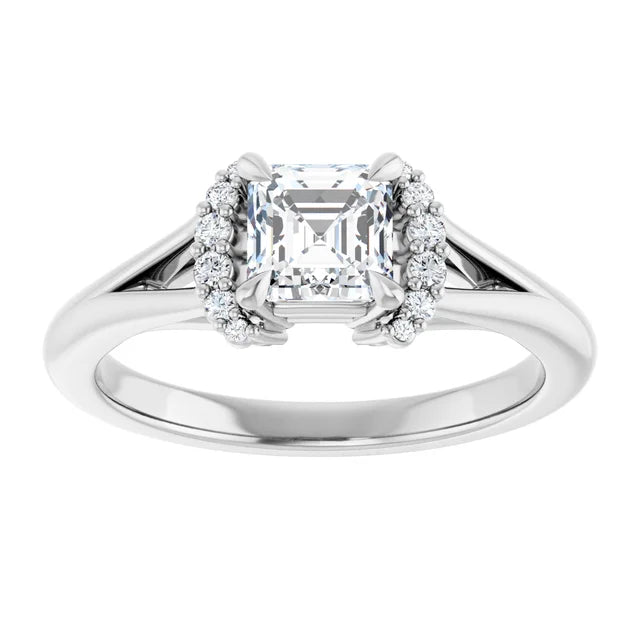 14K White Gold Asscher Cut Diamond Engagement Ring with Claw Prongs and Diamond Halo Accents 3/4 CT Center Stone