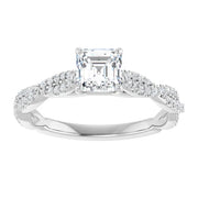 14K White Gold Asscher Cut Diamond Engagement Ring with Twisted Pavé Band 3/4 CT Center Stone