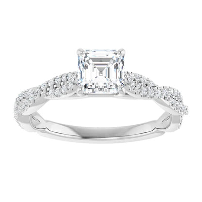 14K White Gold Asscher Cut Diamond Engagement Ring with Twisted Pavé Band 3/4 CT Center Stone