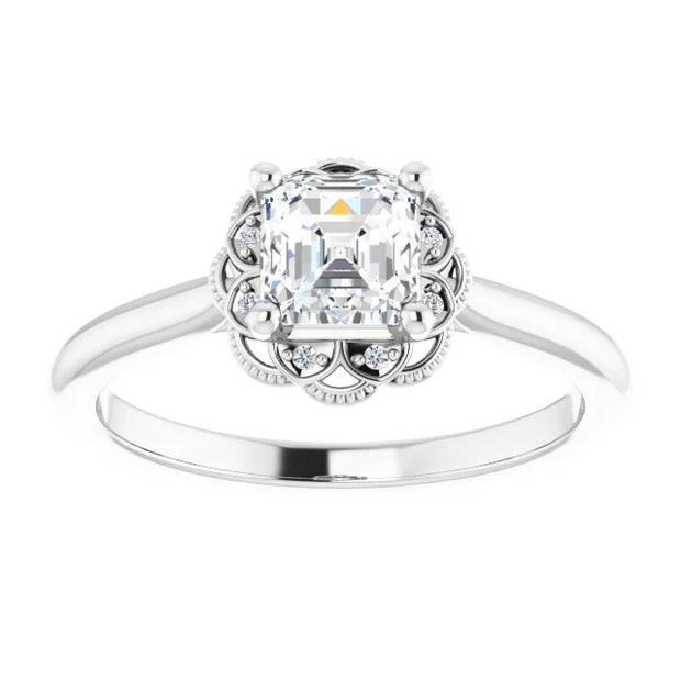 14K White Gold Asscher Cut Diamond Engagement Ring with Vintage Floral Halo 3/4 CT Center Stone