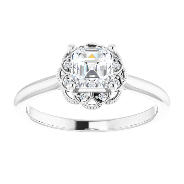 14K White Gold Asscher Cut Diamond Engagement Ring with Vintage Floral Halo 3/4 CT Center Stone