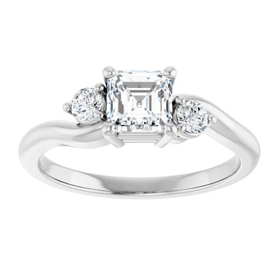 14K White Gold Asscher Cut Diamond Three Stone Engagement Ring with Round Side Stones 3/4 CT Center Stone