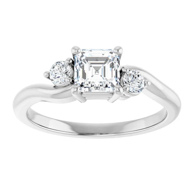 14K White Gold Asscher Cut Diamond Three Stone Engagement Ring with Round Side Stones 3/4 CT Center Stone