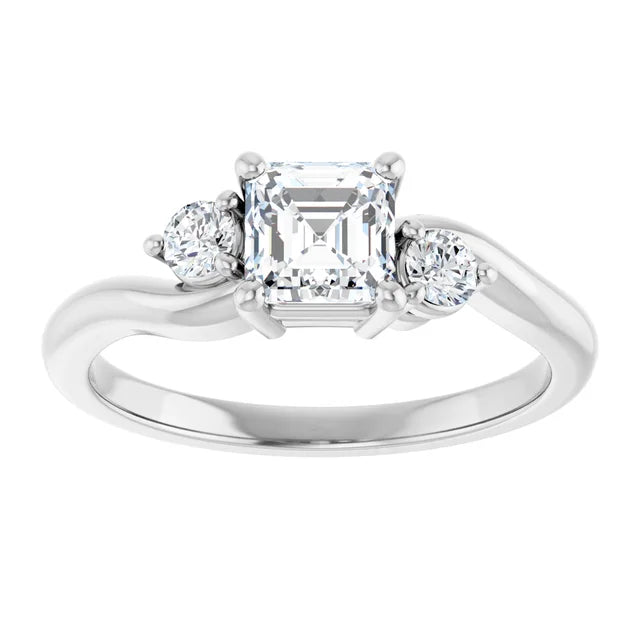 14K White Gold Asscher Cut Diamond Three Stone Engagement Ring with Round Side Stones 3/4 CT Center Stone