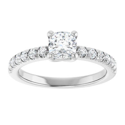 14K White Gold 1 CTW Cushion-Cut Diamond Ring with Tapered Diamond Band