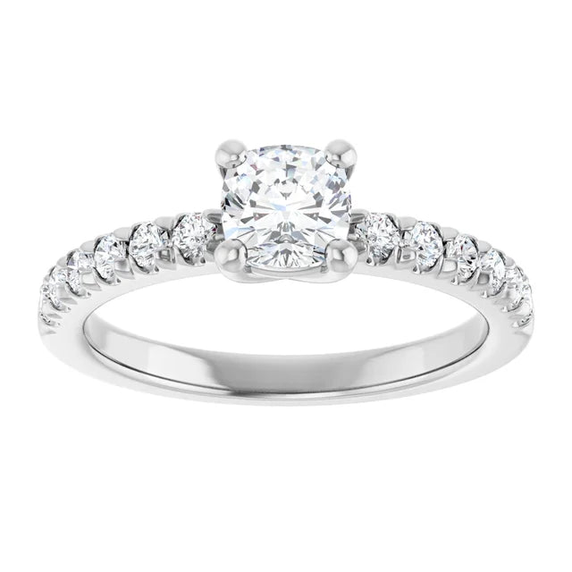 14K White Gold 1 CTW Cushion-Cut Diamond Ring with Tapered Diamond Band