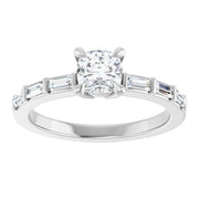 14K White Gold 7/8 CTW Cushion-Cut Diamond Ring with Baguette Accent Band