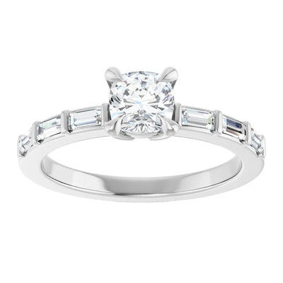 14K White Gold 7/8 CTW Cushion-Cut Diamond Ring with Baguette Accent Band