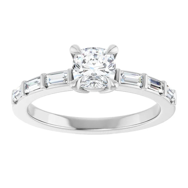 14K White Gold 7/8 CTW Cushion-Cut Diamond Ring with Baguette Accent Band