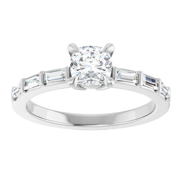 14K White Gold 7/8 CTW Cushion-Cut Diamond Ring with Baguette Accent Band