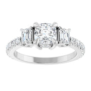 14K White Gold 7/8 CTW Cushion-Cut Diamond Three-Stone Ring with Emerald Side Stones