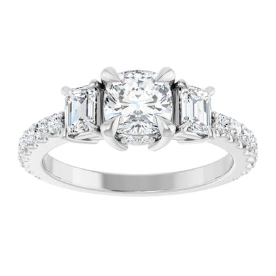14K White Gold 7/8 CTW Cushion-Cut Diamond Three-Stone Ring with Emerald Side Stones