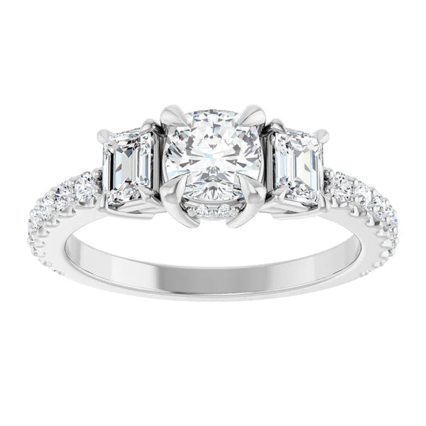 14K White Gold 1 1/2 CTW Cushion-Cut and Emerald-Cut Diamond Three-Stone Ring