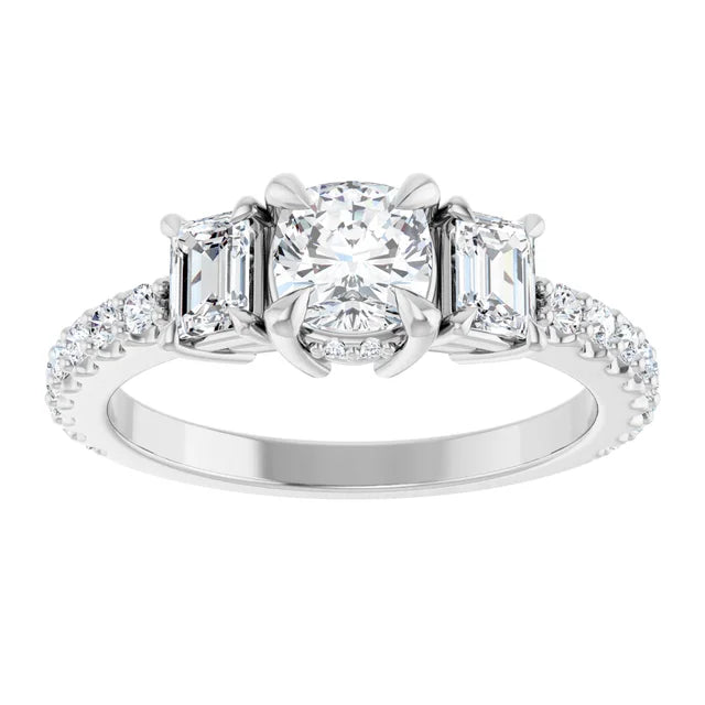 14K White Gold 1 1/2 CTW Cushion-Cut and Emerald-Cut Diamond Three-Stone Ring