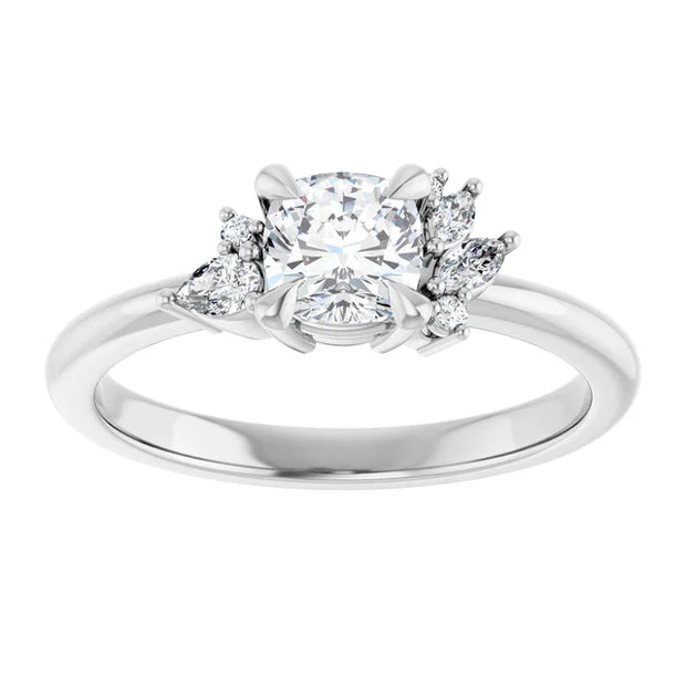 14K White Gold 3/4 CTW Cushion-Cut Diamond Ring with Floral-Inspired Side Stone