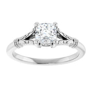14K White Gold 5/8 CTW Cushion-Cut Diamond Ring with Vintage-Inspired Scrollwork