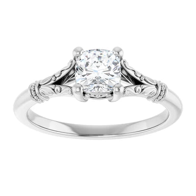 14K White Gold 5/8 CTW Cushion-Cut Diamond Ring with Vintage-Inspired Scrollwork