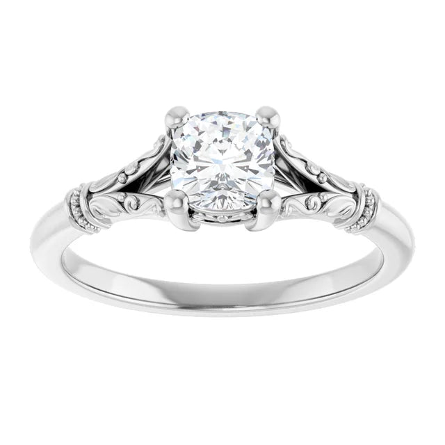 14K White Gold 5/8 CTW Cushion-Cut Diamond Ring with Vintage-Inspired Scrollwork
